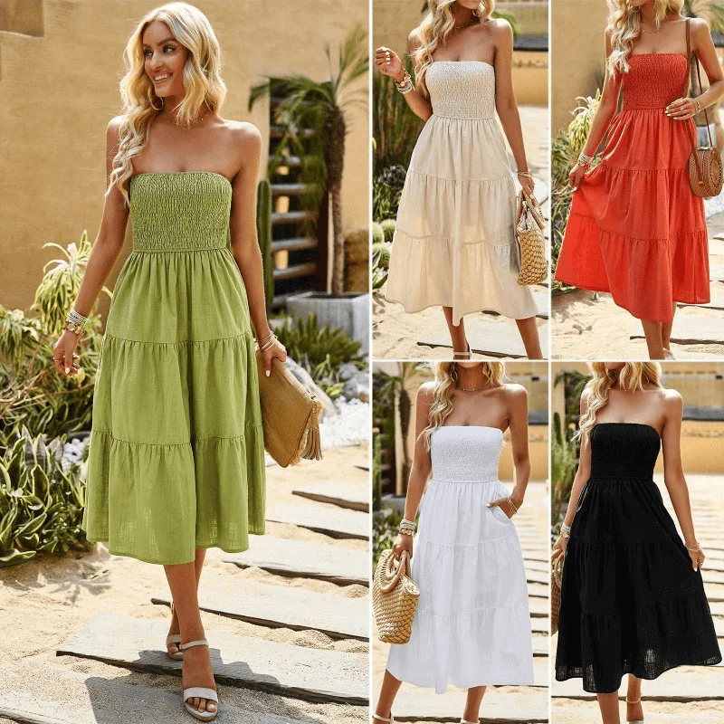 Friends and Family Sale Elegant Solid Color Strapless Maxi Dress