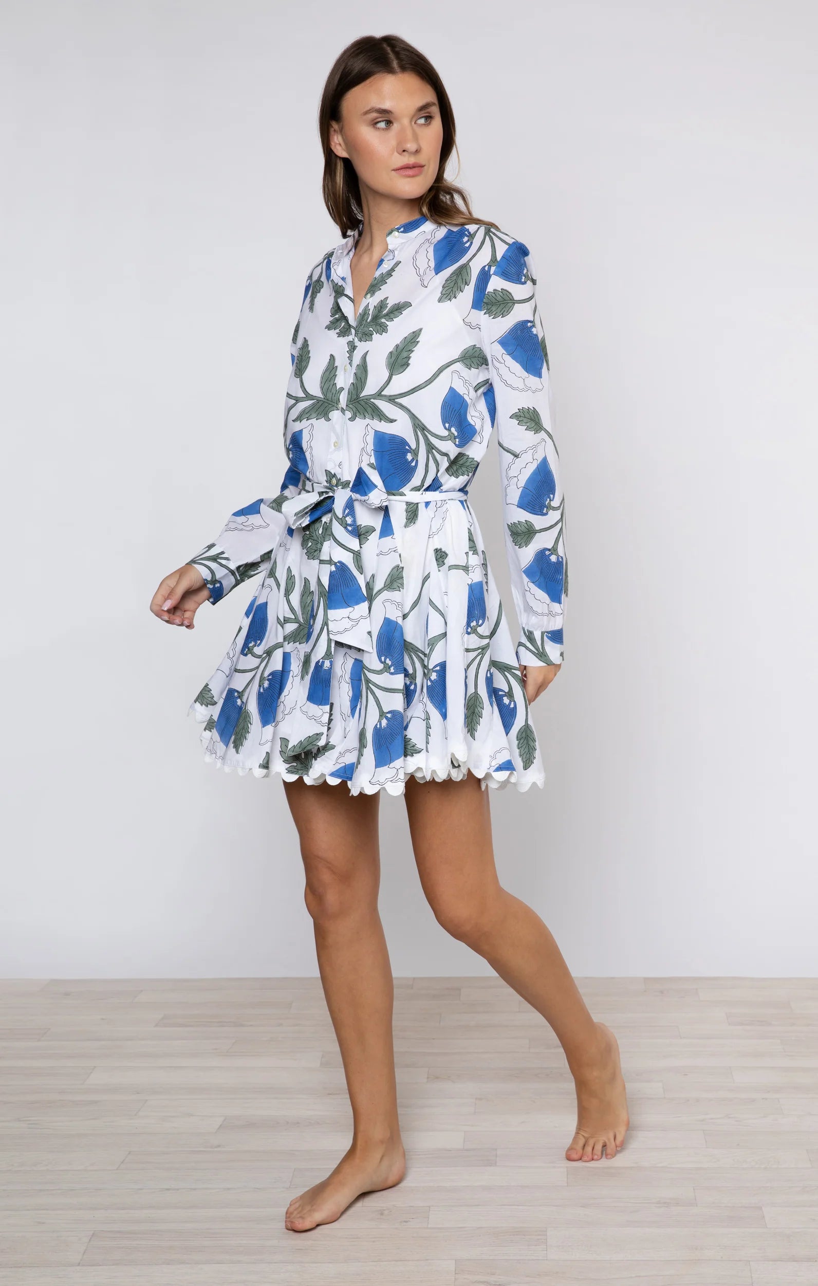 Hurry In Long Sleeve Godet Shirtdress W.bellflower Block Print Pale Blue