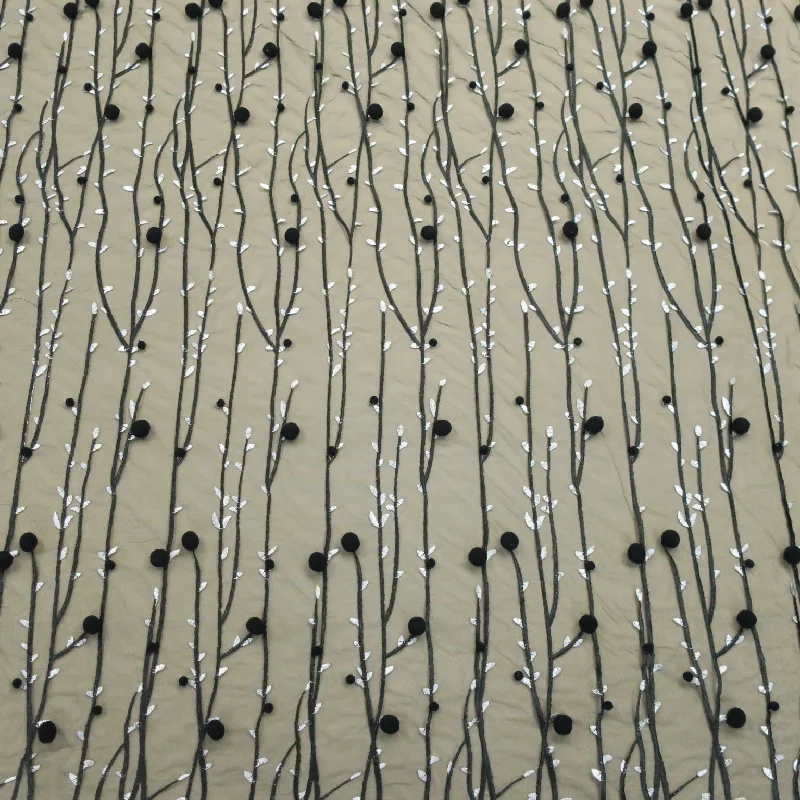 Final Clearance Black with White Accents 3D High Relief Balls and Branches Embroidered Tulle Fabric
