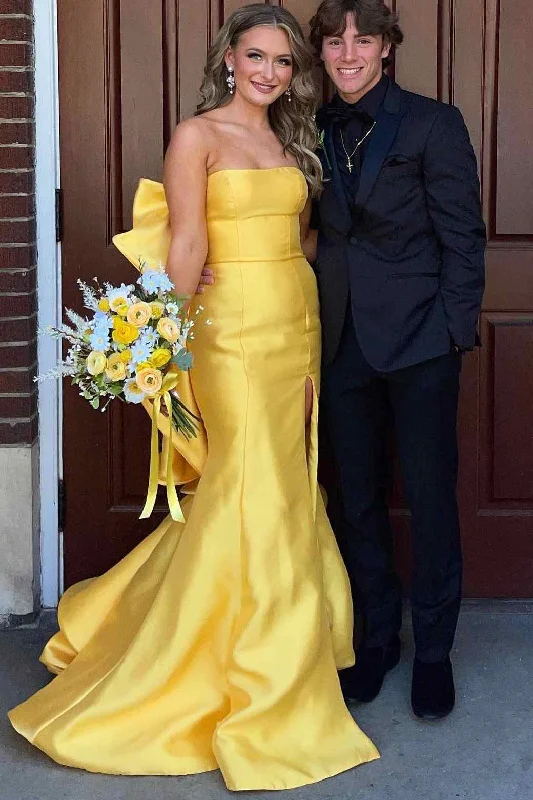 Bonus Savings Yellow Strapless Scoop Mermaid Satin Long Formal Prom Dress with Big Bow Bonus Savings Yellow Strapless Scoop Mermaid Satin Long Formal Prom Dress with Big Bow
