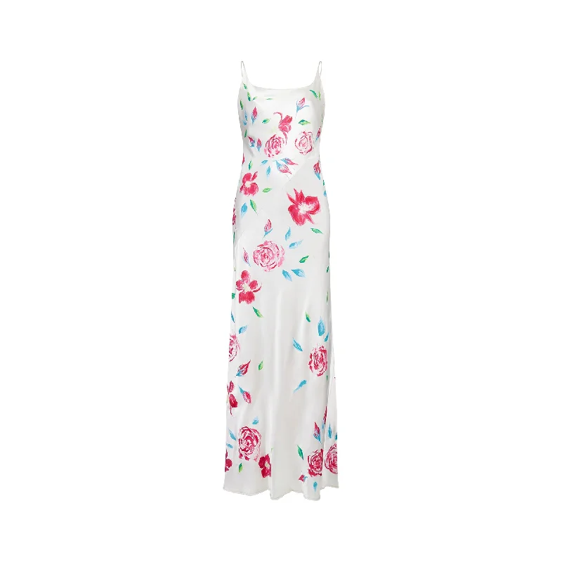 Limited Quantity 1990s Rachel Robarts Hand-Painted Rose Print Bias Cut Satin Dress