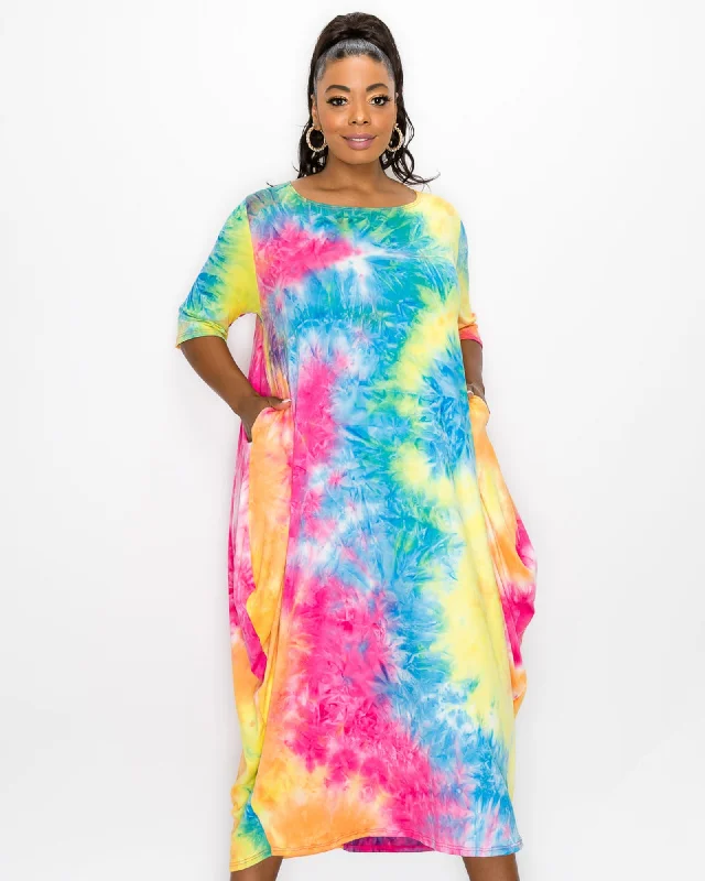 Sale Event Piper Tie Dye Harem Midi Dress | Turquoise/Hot Pink/Bright Yellow Tie Dye Sale Event Piper Tie Dye Harem Midi Dress | Turquoise/Hot Pink/Bright Yellow Tie Dye