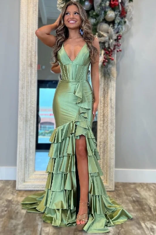 Weekend Flash Sale Mermaid V-Neck Straps Layered Satin Sleeveless Long Prom Dress with Slit Weekend Flash Sale Mermaid V-Neck Straps Layered Satin Sleeveless Long Prom Dress with Slit