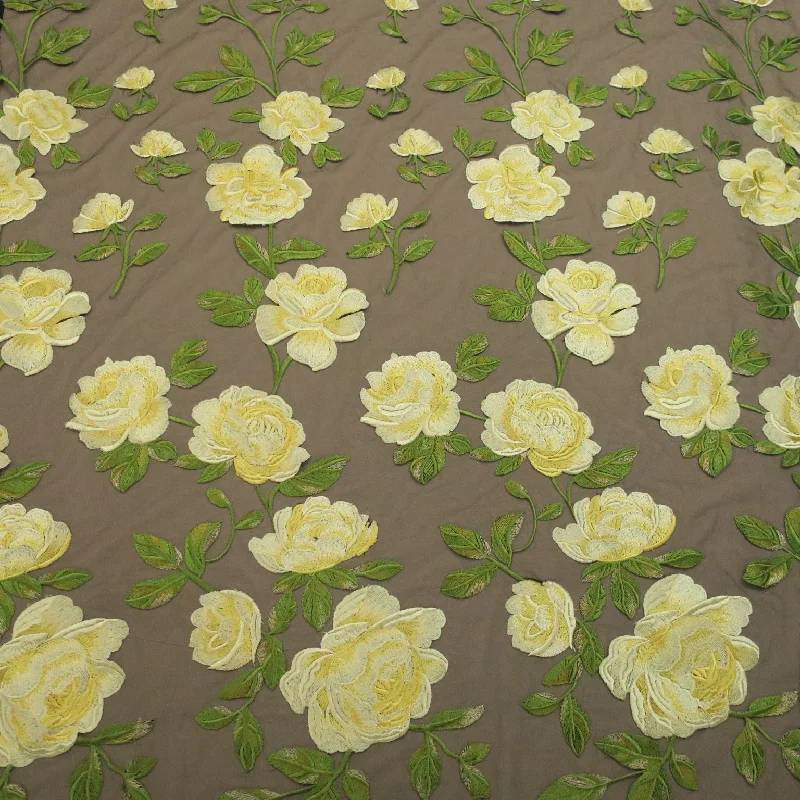 Inventory Reduction Black Tulle with Yellow Flowers Embroidered Fabric