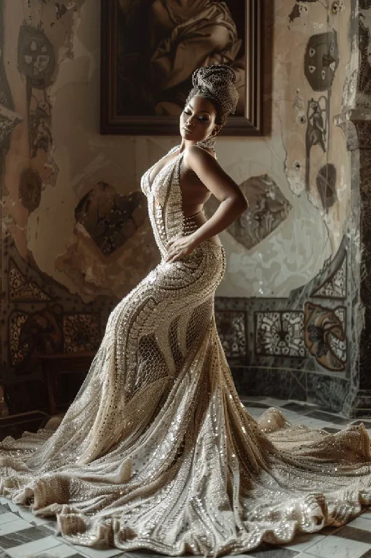 Exclusive Online Offer Mariam  Champagne Princess   V Neck and Backless Mermaid Gown  Wedding Dress