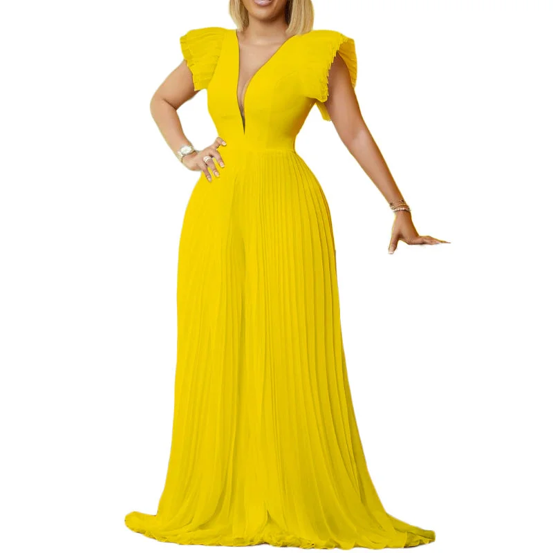 Early Access Flutter Sleeve Pleated Patchwork Deep V-Neck Dress