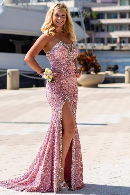 Discount Extravaganza Strapless V-Neck Sequined Beads High Slit Mermaid Formal Prom Dress Discount Extravaganza Strapless V-Neck Sequined Beads High Slit Mermaid Formal Prom Dress