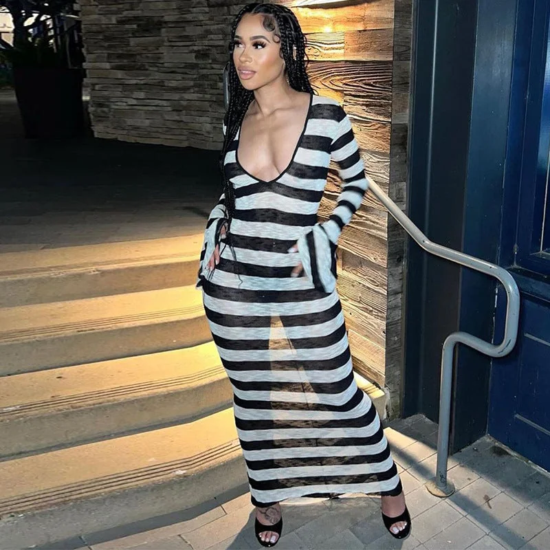 Super Sale Seductive Long-Sleeve Striped Floral Dress