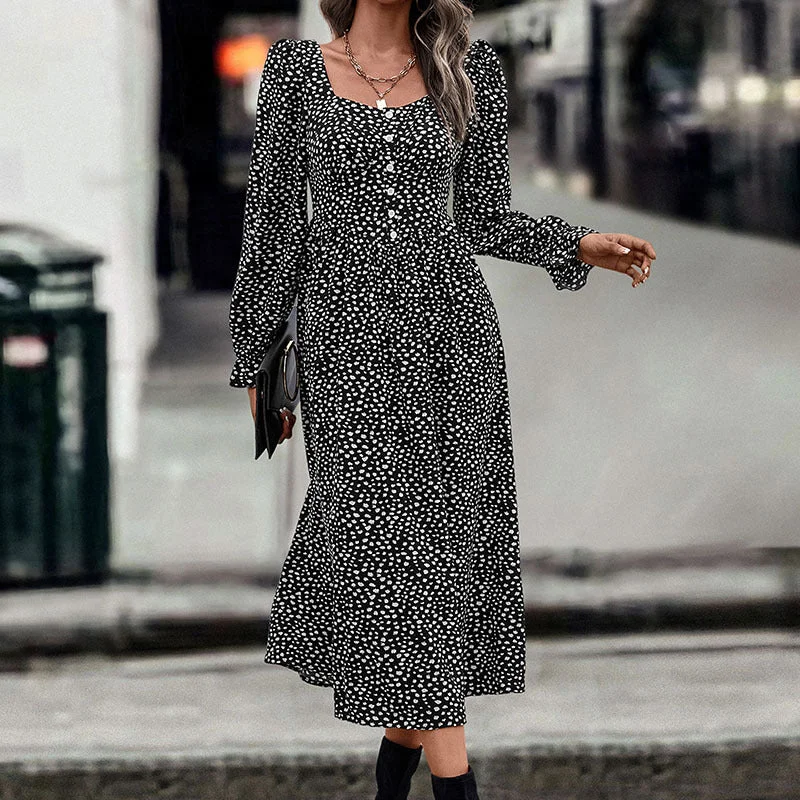 Weekend Deal Autumn New Fashion Square Neck Printed Maxi Dress