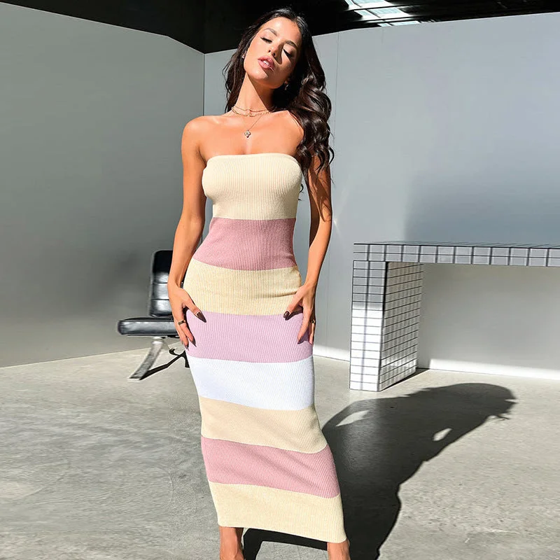 Closeout Sale Holiday Style Casual Sexy Color-block Maxi Dress