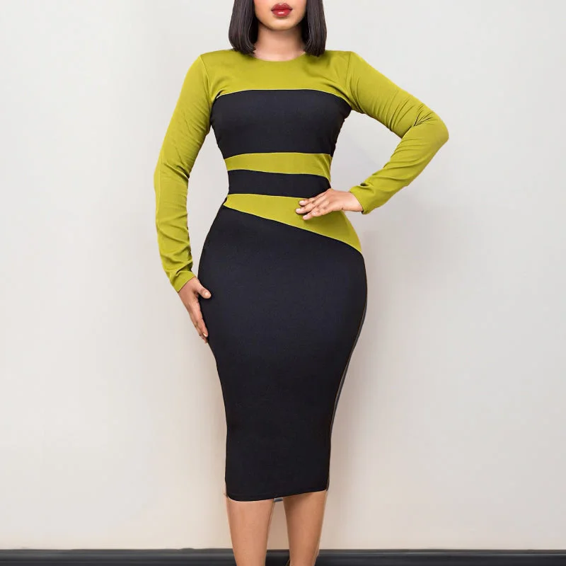 Year-End Clearance Fashionable and Elegant Color-Block Commuter Bodycon Dress