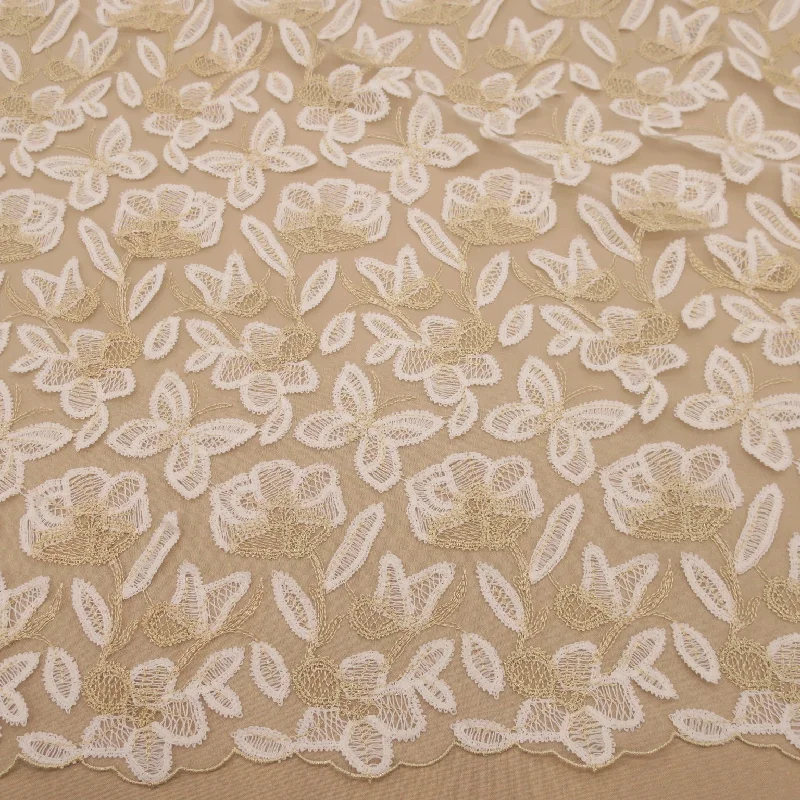 Great Bargains Ivory and Gold Floral Corded Embroidered Tulle Lace