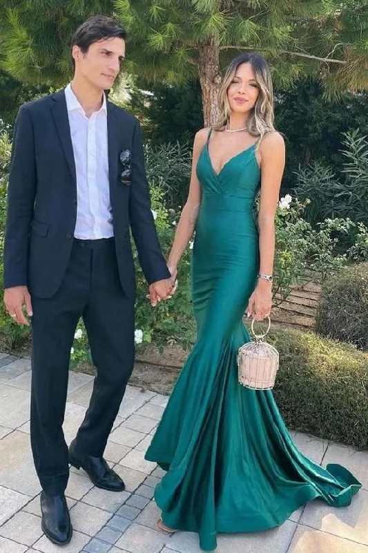 Weekend Deal Chic Mermaid V-Neck Spaghetti Straps Satin Pleated Formal Prom Dress
