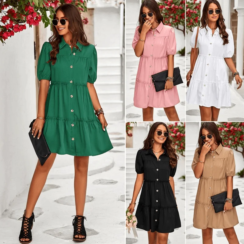 Inventory Reduction Summer Elegance Bubble Sleeve Solid Color Short Dress