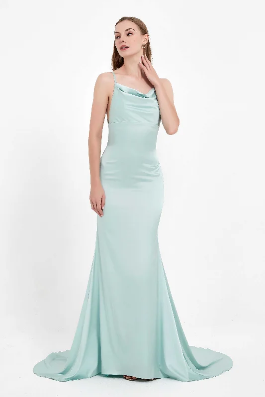 Members Only Cowl Neck Open Back Elegant Satin Dress