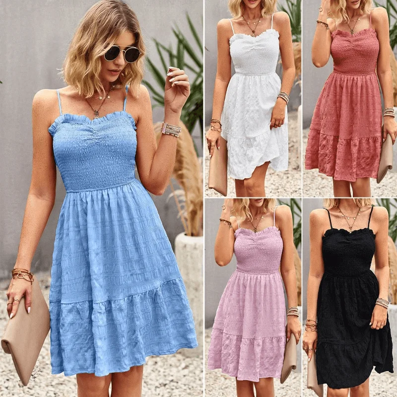 Mega Sale INS Style Solid Color A-line Spaghetti Strap Women's Dress
