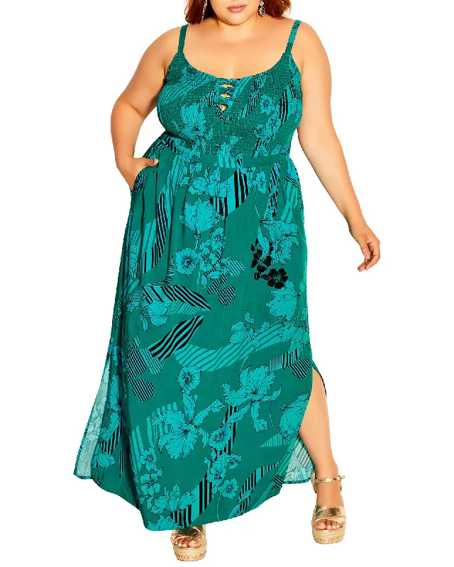Price Drop Amora Smocked Side Slit Maxi Dress | Kelly Green / Black