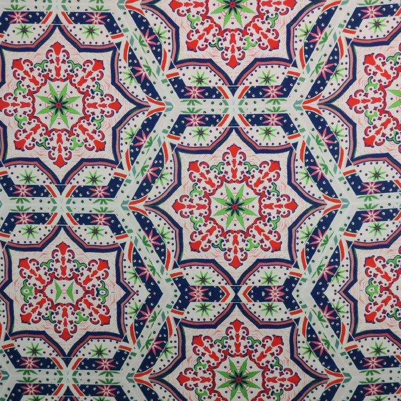 Huge Discounts Multicolored Mosaic on White Printed Polyester Mikado Fabric