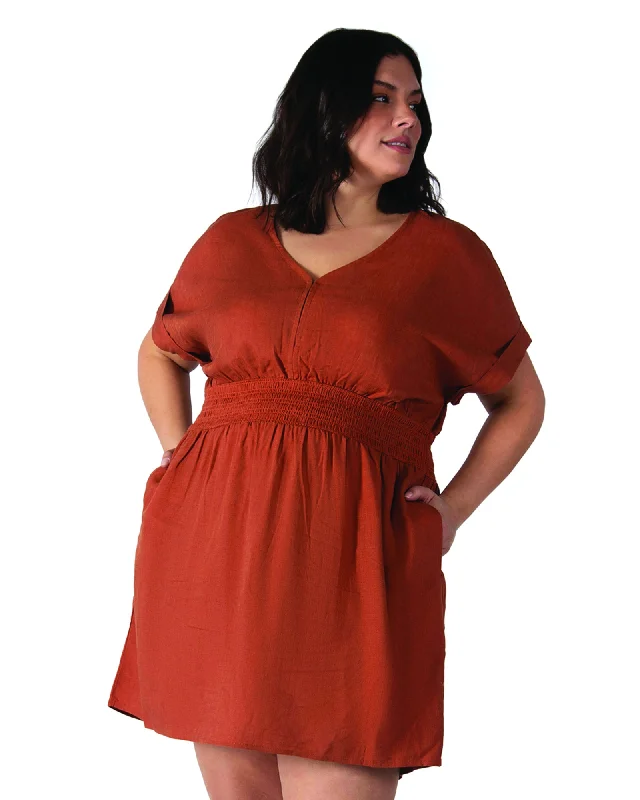 Shop and Save Della Smocked Waist V-Neck Dress | Terracotta