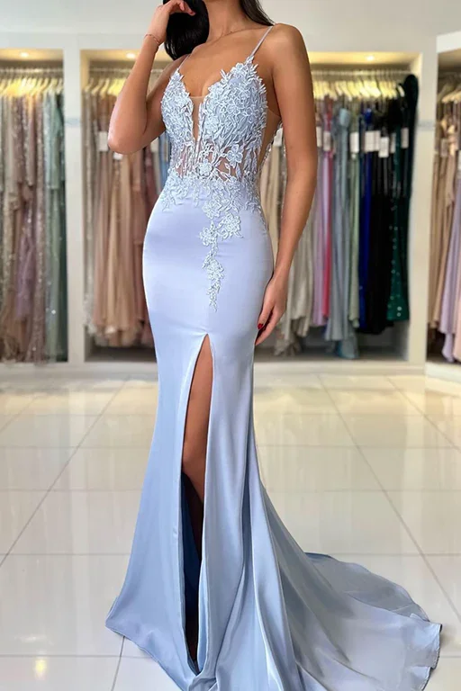 Bargain Bin Mermaid Spaghetti Straps V-Neck Appliques Long Prom Formal Dress