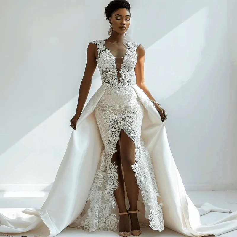 Early Bird Discount Cecilia  Luxurious Princess   High Neck White Mermaid Gown  Wedding Dress