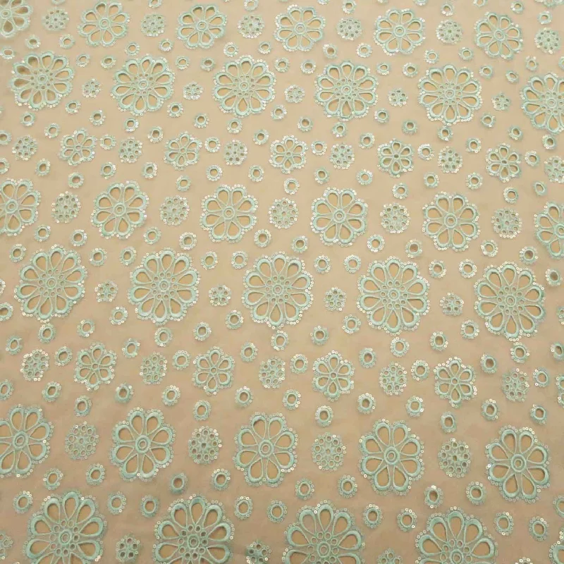 Stock Clearance Light Blue Floral and Circles Embroidered Organza Fabric