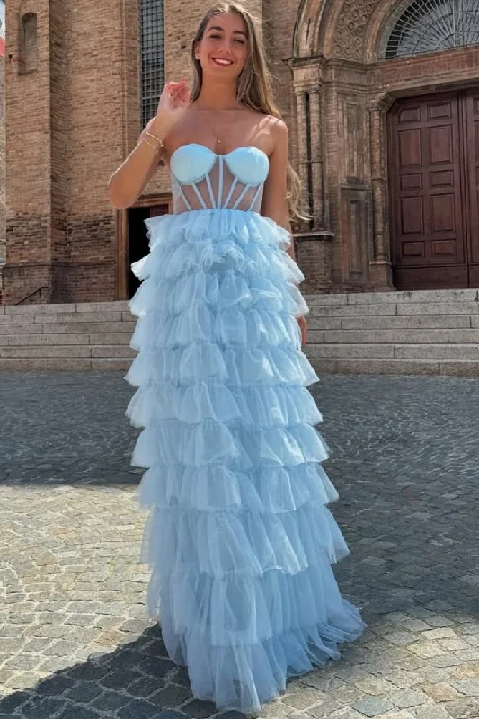 Shop and Save Blue Strapless Sweetheart A-Line Layered Tulle Long Prom Dress