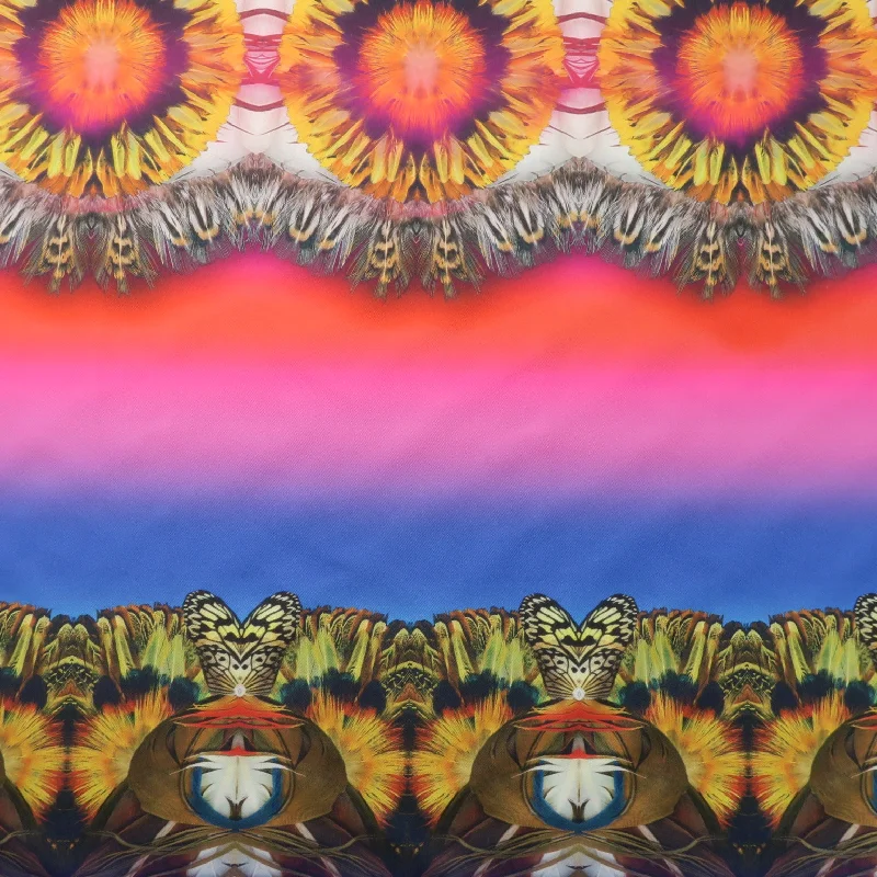 Savings Galore Multicolored Feathers on Rainbow Printed Polyester Mikado Fabric