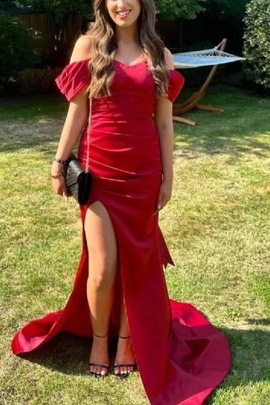 Online Specials Burgundy Off-Shoulder Mermaid Satin Pleated Formal Prom Dress with Slit Online Specials Burgundy Off-Shoulder Mermaid Satin Pleated Formal Prom Dress with Slit