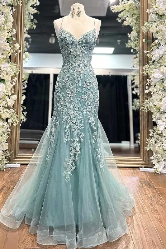 Best Bargains Stunning Spaghetti Straps Lace Appliques Mermaid V-Neck Long Prom Dress