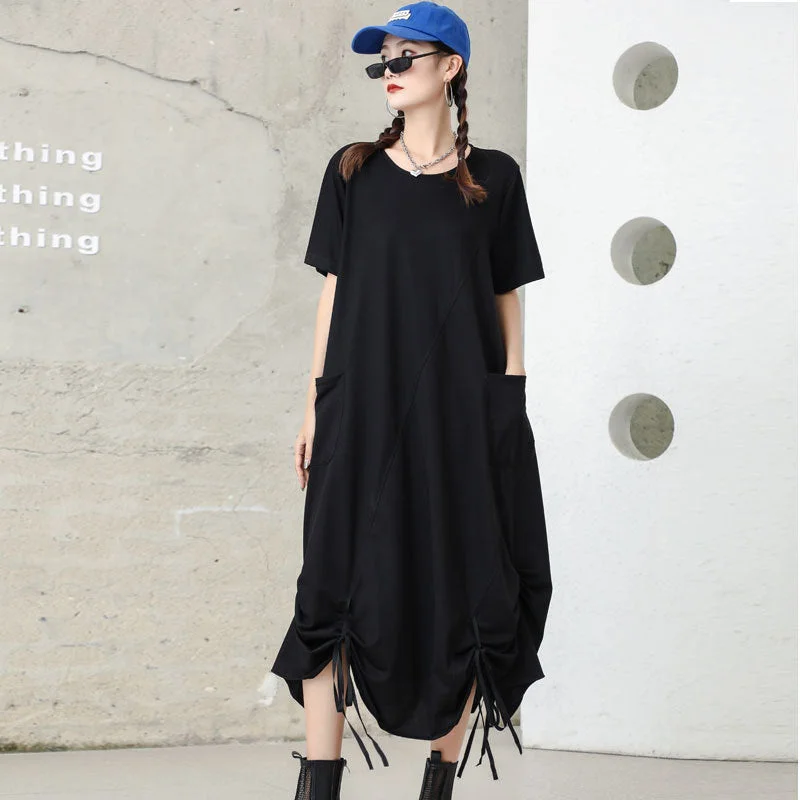 Super Bargain Original Creation Short Sleeves Loose Drawstring Solid Color Round-Neck Midi Dresses