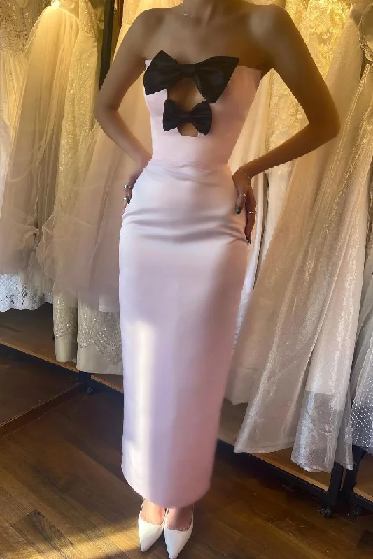 Extra Savings Pink Strapless Bows Sheath Satin Pleated Formal Long Prom Dress