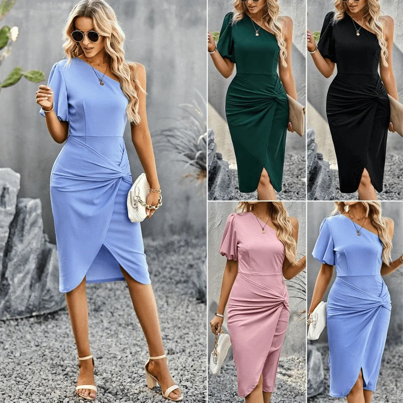 Deal Frenzy Elegant and Slimming Mid Length Off Shoulder Solid Color Dress