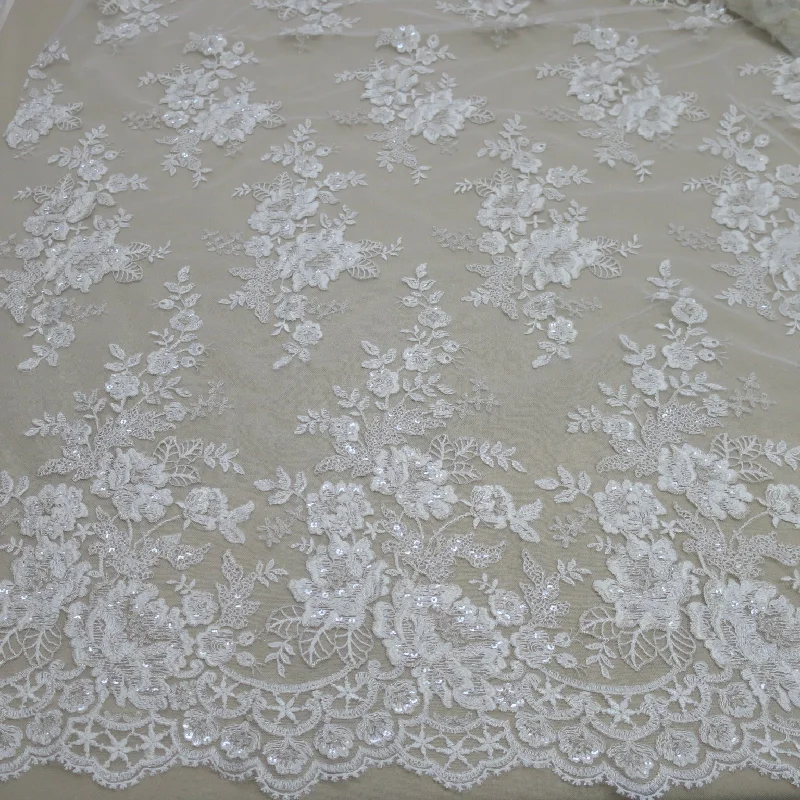 Value Deals Ivory Floral Embroidered Sequins Double-Scalloped Lace