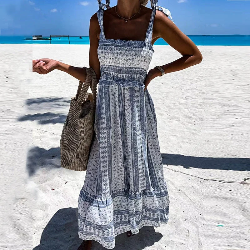 Blowout Sale New Bohemian-style Belted Printed Elastic-waist Maxi Dress