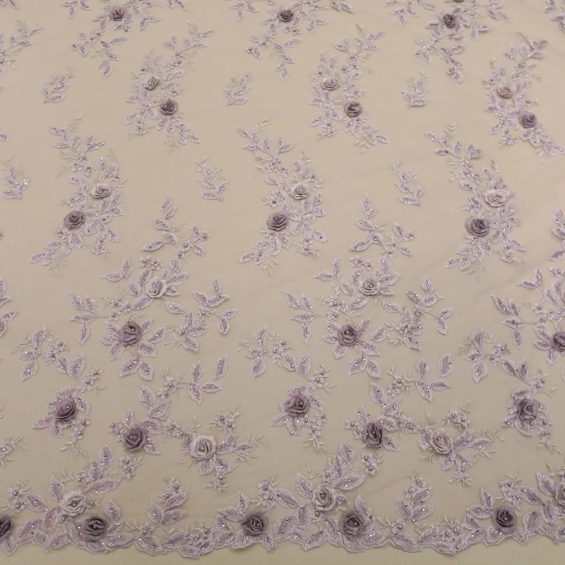 Don't Miss Blush 3D High Relief Flowers Single Scalloped Embroidered Tulle Fabric