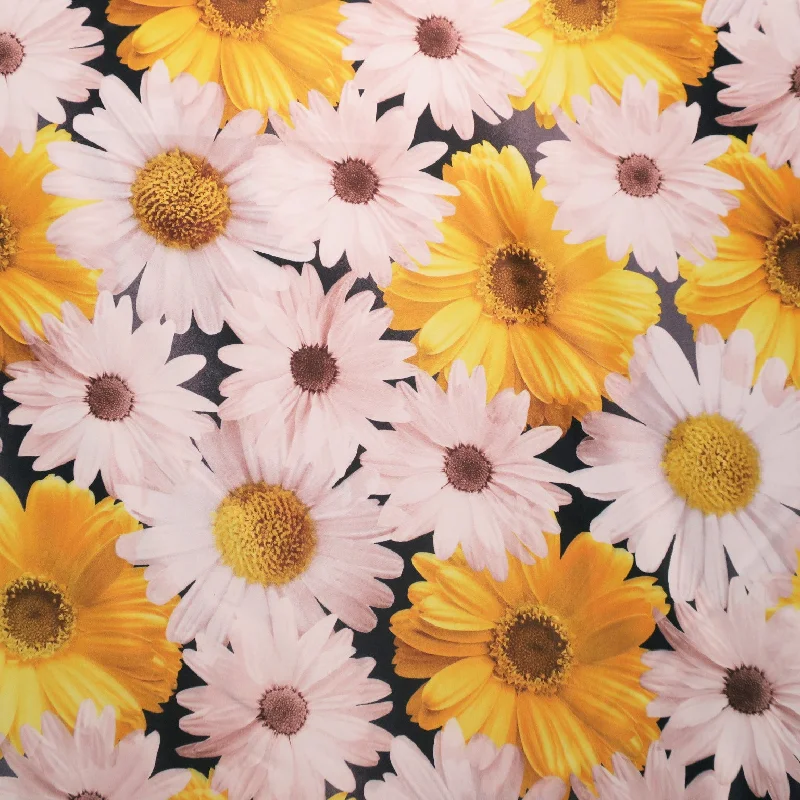 Midnight Madness Yellow and White Floral on Black Printed Polyester Mikado Fabric
