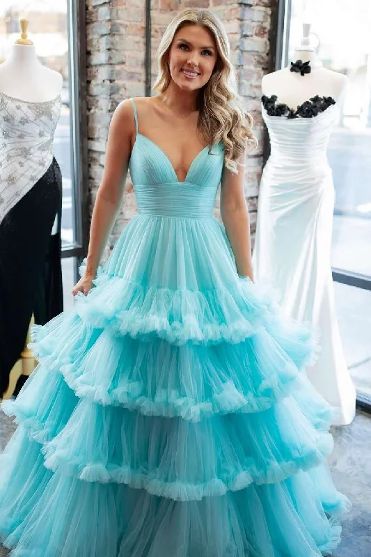 Can't Miss Blue Spaghetti Straps V-Neck Layered Tulle Sleeveless Prom Dress