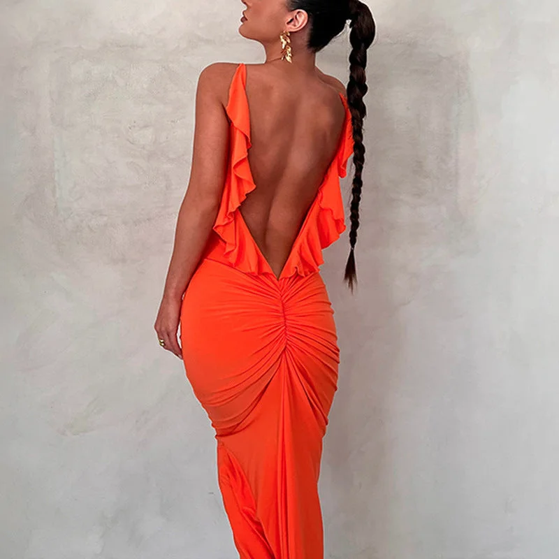 Unmissable Offer Patched Ruffles and Open Back Sexy Pleated V-neck Dress