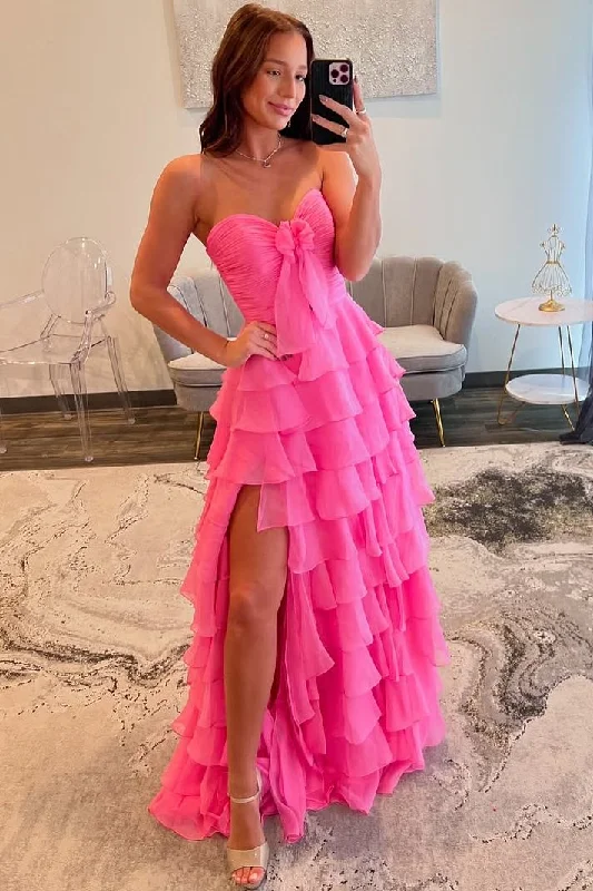 Year-End Sale Pink Strapless A-Line Layered Chiffon Side Slit Formal Prom Dress
