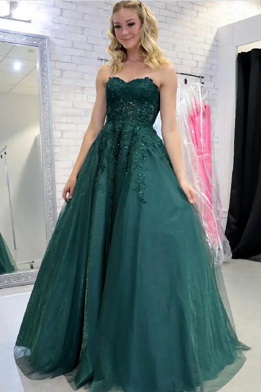 Year-End Clearance Green A-Line Strapless Sweetheart Appliques Tulle Long Prom Dress