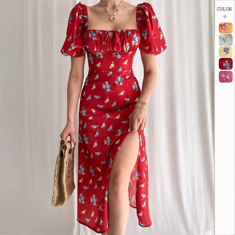 Final Clearance Puff Sleeves Floral Print Bodycon Dress