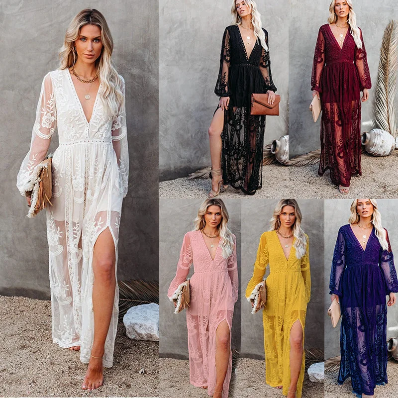 Midnight Madness Elegant V-neck Lace Beach Maxi Dress