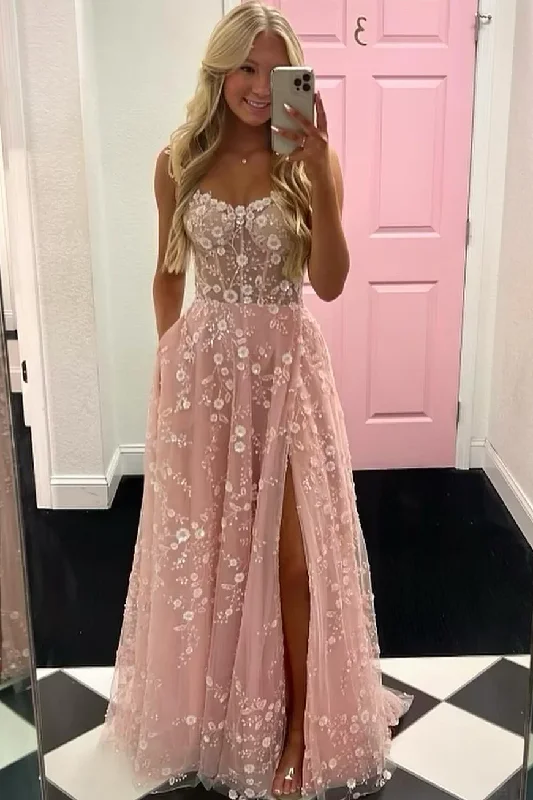 Hurry In A-Line Straps Floral Appliques Sleeveless Prom Dress with Slit