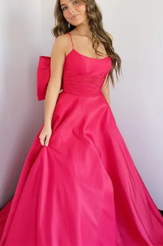 Online Only A-Line Spaghetti Straps Big Bow Scoop Neck Satin Formal Prom Dress