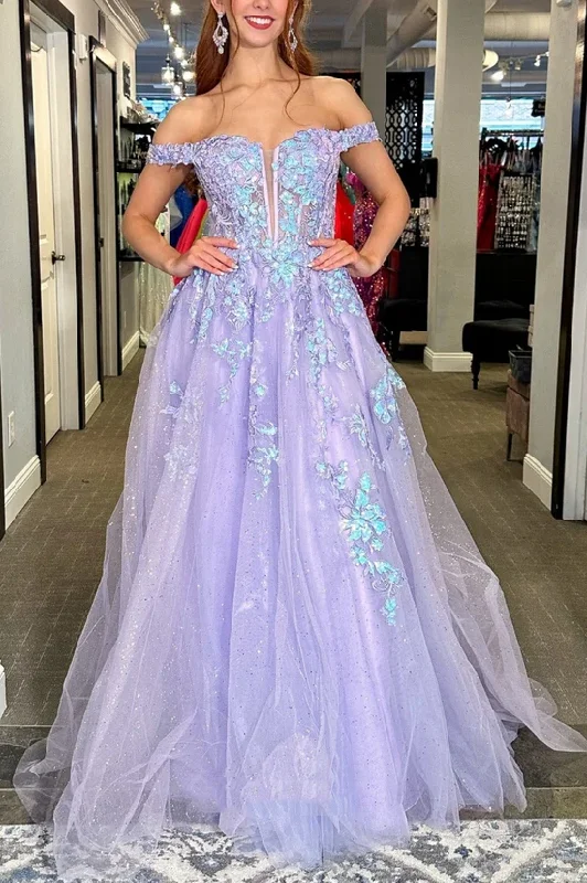 Bargain Blast Off-Shoulder V-Neck Appliques A-Line Tulle Prom Dress with Side Slit Bargain Blast Off-Shoulder V-Neck Appliques A-Line Tulle Prom Dress with Side Slit