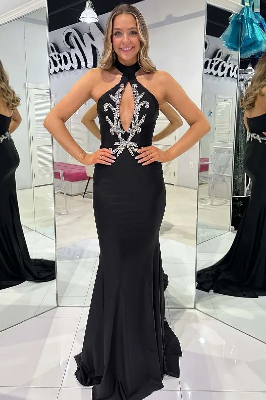 Discount Mania Black Halter Beads Mermaid Sleeveless Long Formal Prom Dress