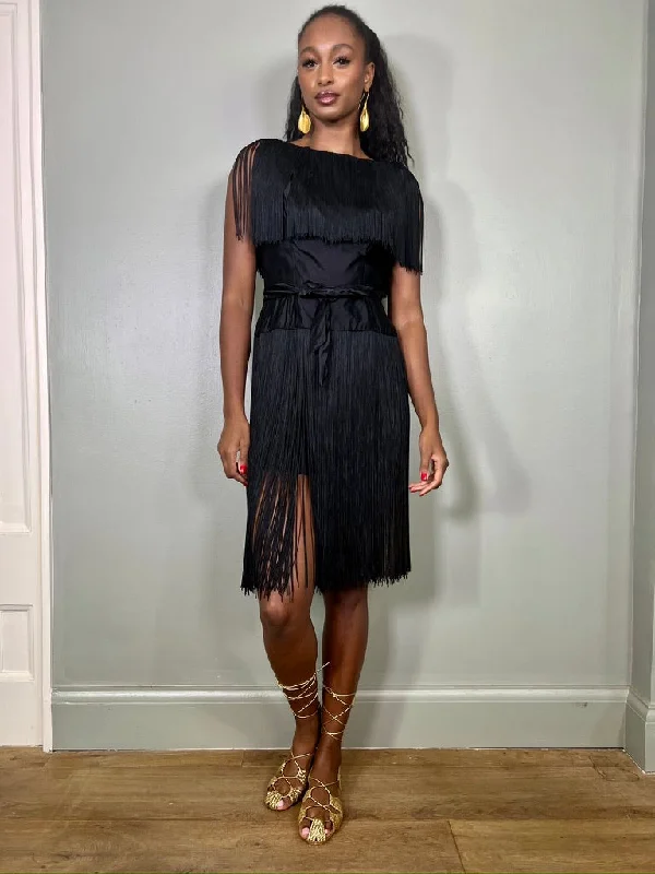 The Best Prices Talia, 40s black fringed silk dress