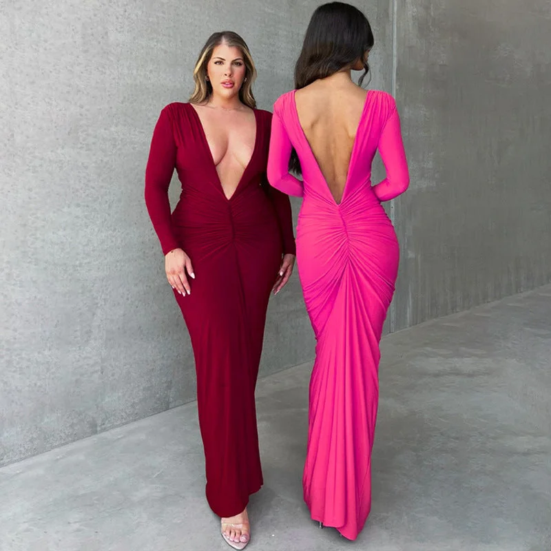 Extra Discounts Fashionable and Sensual V-Neck Bodycon Pleated Solid Color Long Sleeve Dress Extra Discounts Fashionable and Sensual V-Neck Bodycon Pleated Solid Color Long Sleeve Dress