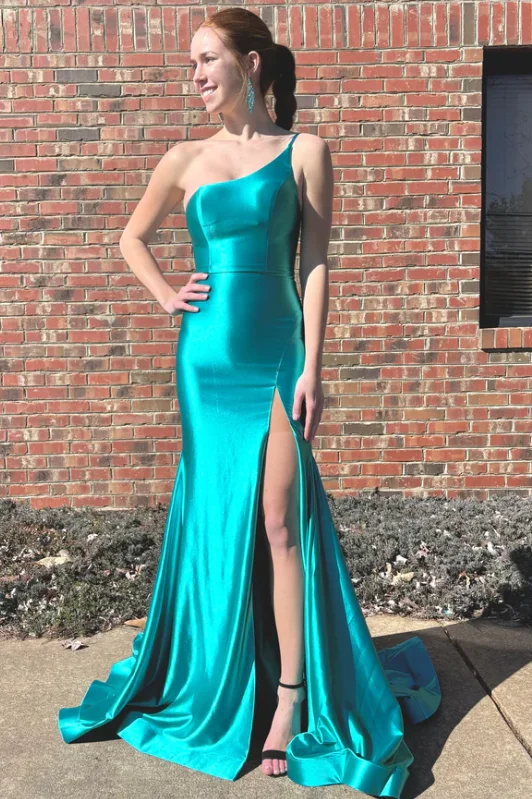 Last Chance One Shoulder Mermaid Sleeveless Satin Pleated Long Prom Dress with Slit
